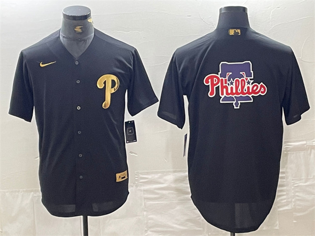 Men's Philadelphia Phillies Black Team Big Logo Cool Base Stitched Baseball Jersey Men's Philadelphia Phillies Black Team Big Logo Cool Base Stitched Baseball Jersey